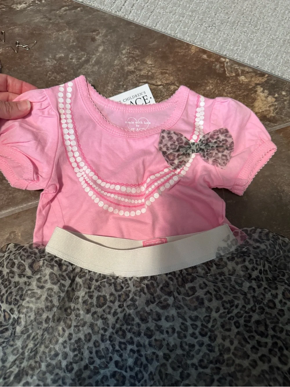 NWT 9-12 mth Pink Pearl-Print Top with Leopard Skirt connected to cream leggings